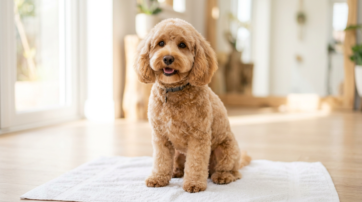 A freshly groomed apricot cockapoo sitting on a white towel
